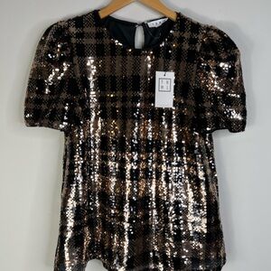 NWT THML Plaid Sequin Short Sleeve Top Black Gold Holiday Date